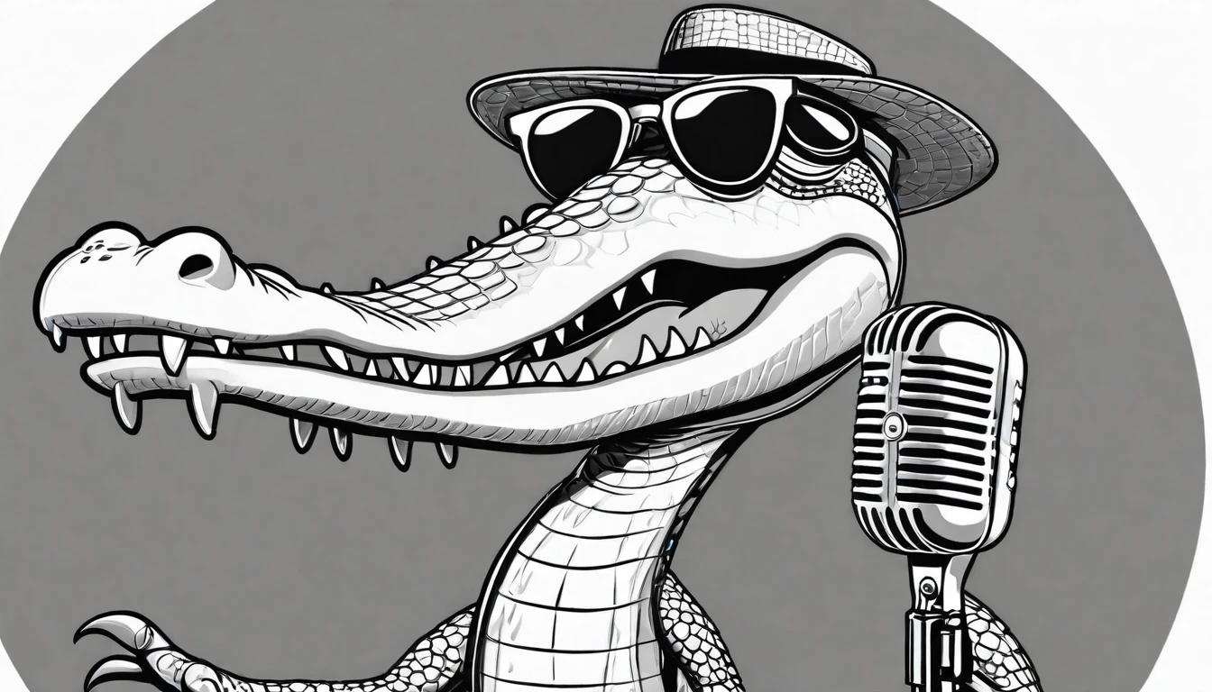 Cartoon style
crocodile sings a song into a microphone.
he wears sunglasses.
monochrome
The microphone is a large retro one and a stand type
Put on your sunglasses
Small top hat