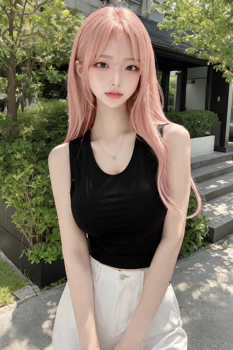 Selfie:1.5、Cleavage:1.5、Full body image:1.2,Pink Hair、masterpiece、Highest quality、Extremely detailed 8K、Ultra HD、Very detailedな、Very detailed、Very realistic、Photo realistic、Japanese、One Girl、High head rate、Beautiful realistic face、Realistic face in every detail、High detail, Realistic Hair、Beautiful and realistic hairstyles、Beautiful and realistic eyes、hVery detailed realistic eyes、Proportional eyes、HVery detailed pupils、Very detailedリアルな自然な眉毛、Very detailedリアルな唇、 Beautiful and realistic lips、Pink lipstick、Sexy lips、Realistic and well-proportioned breasts、Realistic medium sized breasts、Slim Abs、Very detailed皮膚、、(Sleeveless black tank top:1.5)、White skinny pants、Green park walkway:1.2、Condescending smile、From above