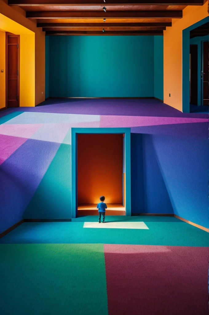 Dad and he's son inside a big room that has hypnotic colours