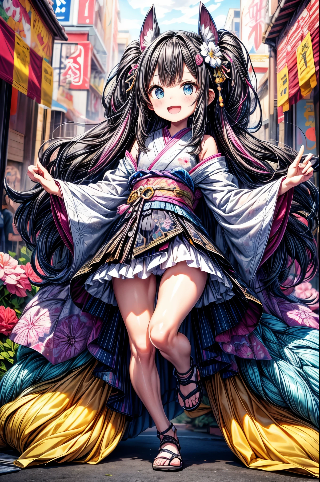 dynamic dancing moves with full of energy and movement, jumping high, full body portrait, happy expression, Japanese festival, with lively action poses, Positive Space, asymmetry, dynamic angle, A detailed illustration of an anime girl with blue eyes wearing a black kimono with Japanese patterns, wearing white cloak white shorts, black tube-top, She has white long hair tied back by a flower hair ornament, with colorful deep blue, black, pink, gold and white colors, surrounded by hexagons with various patterns and textures, Japanese Ancient bridge, happy expression, A black and white checkered pattern background surrounded by hexagons with various patterns in background, floral designs, and geometric shapes, In the background there are some sakura trees., cartoon character design, this is a full body portrait in vibrant colors, colorful illustrations, highly detailed, high resolution, in the style of digital painting, natural lighting,