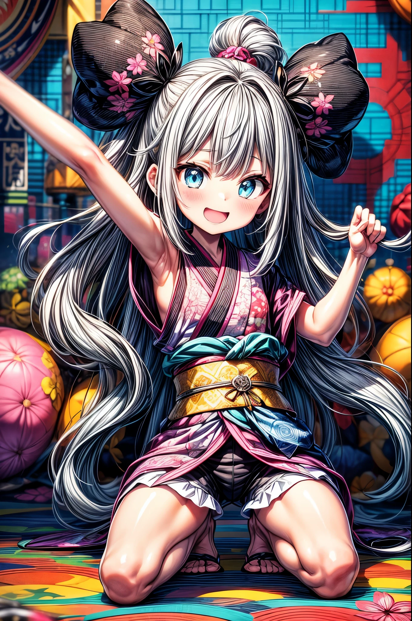 dynamic dancing moves with full of energy and movement, jumping high, full body portrait, happy expression, Japanese festival, with lively action poses, Positive Space, asymmetry, dynamic angle, A detailed illustration of an anime girl with blue eyes wearing a black kimono with Japanese patterns, wearing white cloak white shorts, black tube-top, She has white long hair tied back by a flower hair ornament, with colorful deep blue, black, pink, gold and white colors, surrounded by hexagons with various patterns and textures, Japanese Ancient bridge, happy expression, A black and white checkered pattern background surrounded by hexagons with various patterns in background, floral designs, and geometric shapes, In the background there are some sakura trees., cartoon character design, this is a full body portrait in vibrant colors, colorful illustrations, highly detailed, high resolution, in the style of digital painting, natural lighting,
