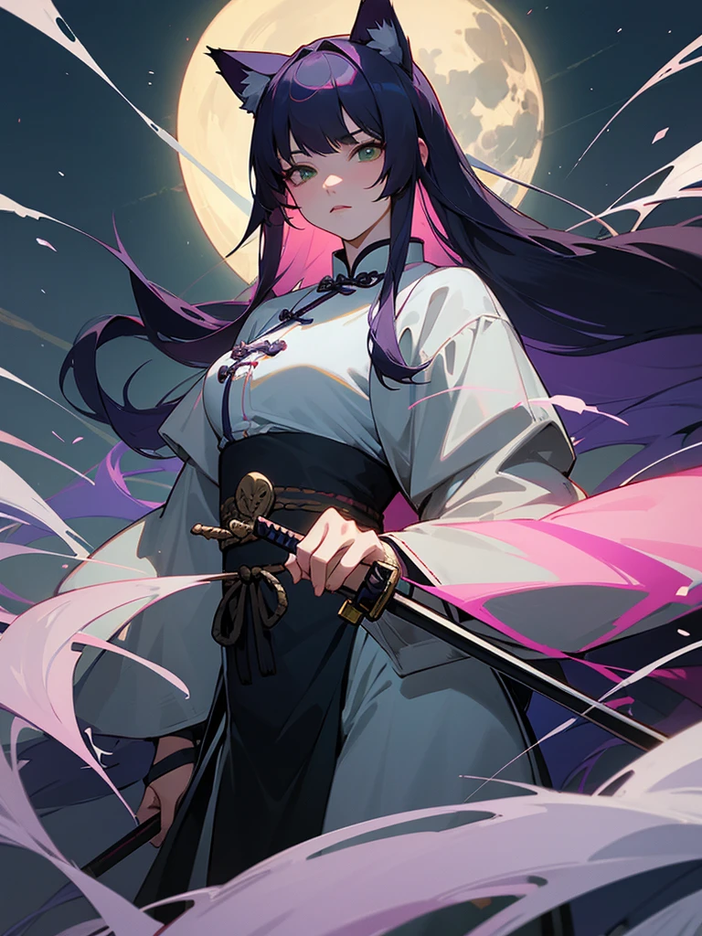 Masterpiece, Best, Night, Full Moon, 1 Female, Mature Woman, Chinese Style, Ancient China, Elder Sister, Royal Sister, Cold Face, Expressionless, purple Long Haired Woman, Light Pink Lips, Calm, Intellectual, Three Bangs, Gray Hitomi, Assassin, Long Sword, Swordsman, Fighting, Street View, Facial Details, green eyes, cat ears, high image quality, cat on background