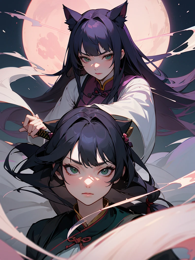 Masterpiece, Best, Night, Full Moon, 1 Female, Mature Woman, Chinese Style, Ancient China, Elder Sister, Royal Sister, Cold Face, Expressionless, purple Long Haired Woman, Light Pink Lips, Calm, Intellectual, Three Bangs, Gray Hitomi, Assassin, Long Sword, Swordsman, Fighting, Street View, Facial Details, green eyes, cat ears, high image quality, cat on background