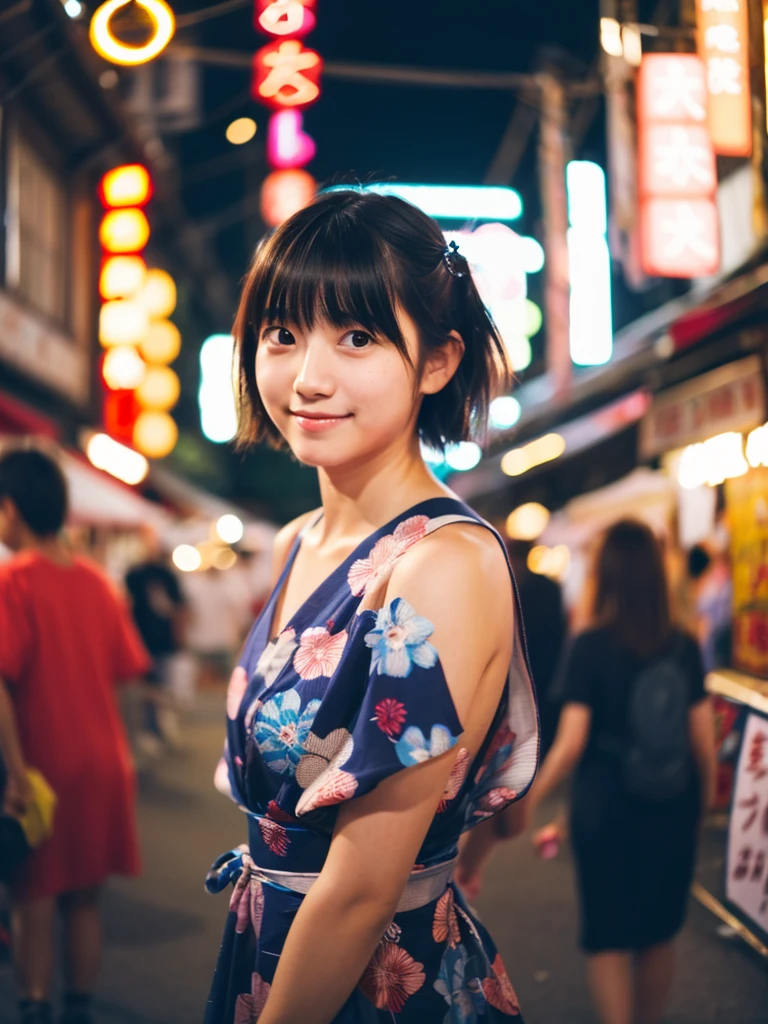 Image quality:best quality
Camera Focus: blur background
light:Side light
composition:Composition of thirds、Looking at the camera person:20 years old woman,Japanese,idol pose: walking background: stall、festival、night
hairdo: Short Bob、With bangs
Dress:Japanese yukata facial expression: happy