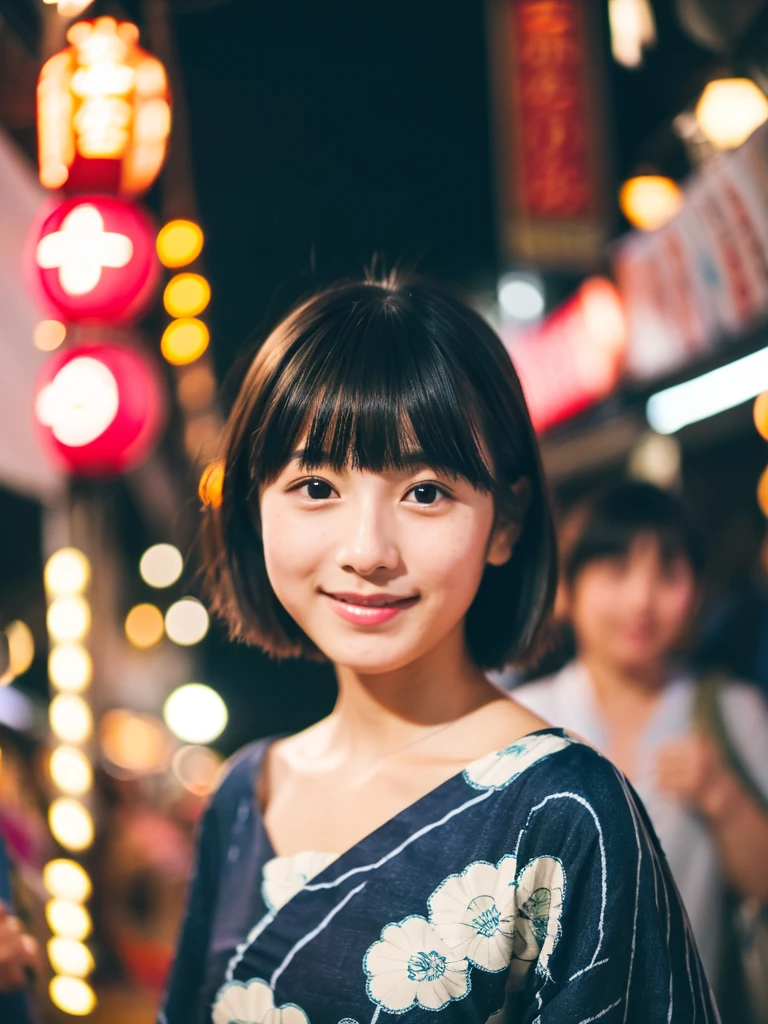 Image quality:best quality
Camera Focus: blur background
light:Side light
composition:Composition of thirds、Looking at the camera person:20 years old woman,Japanese,idol pose: walking background: stall、festival、night
hairdo: Short Bob、With bangs
Dress:Japanese yukata facial expression: happy