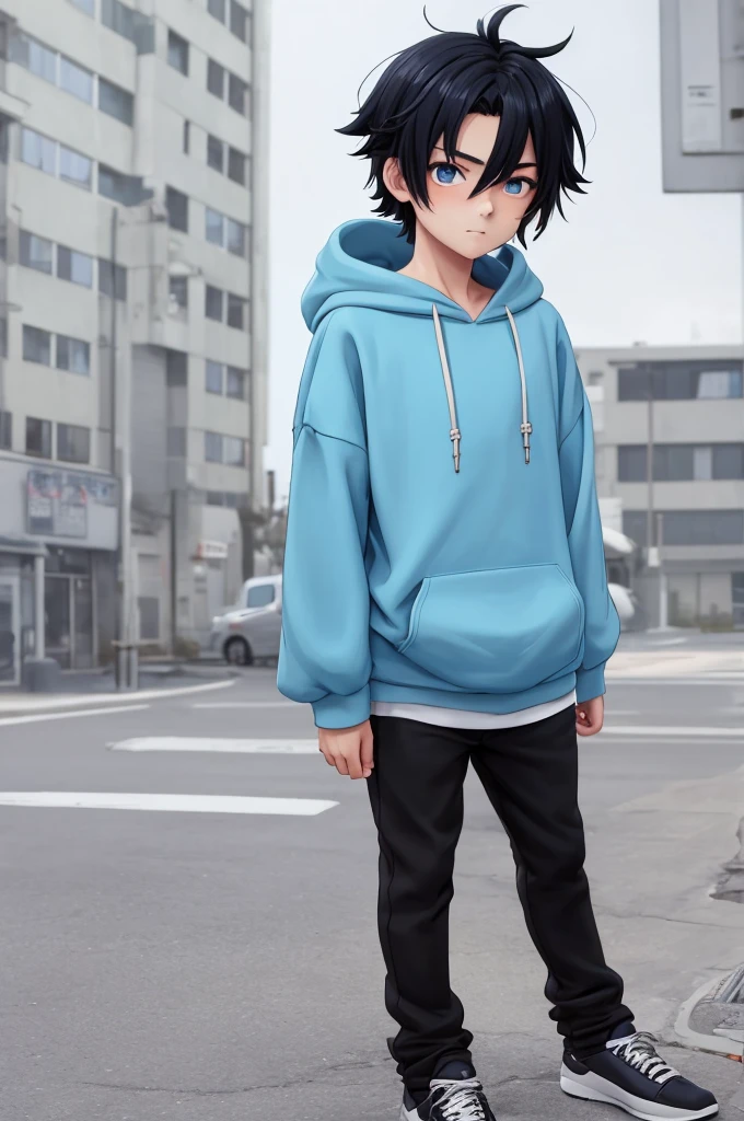 a anime boy with black hair and blue hoodie wearing