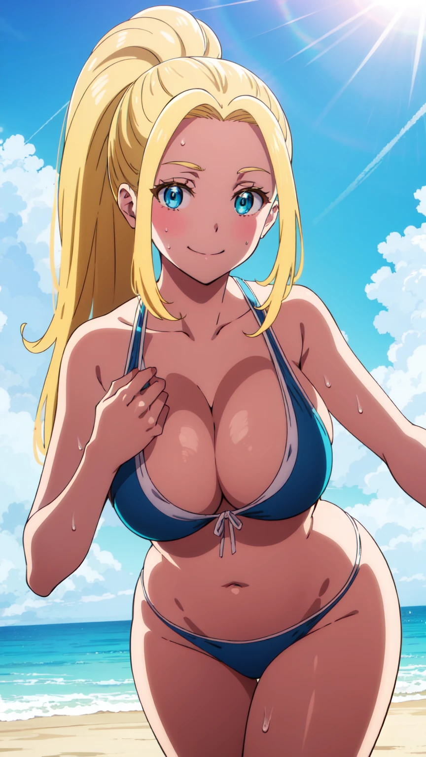 beatrixamerhauser, beatrix amerhauser, long hair, blue eyes, blonde hair, ponytail,looking at the viewer, Smile,blue theme, blue background, cloudy sky, sunlight, sweat, orgasmic, bikini swimsuit, large breasts, cleavage, belly button exposed, collarbone, thighs, sea and beach,