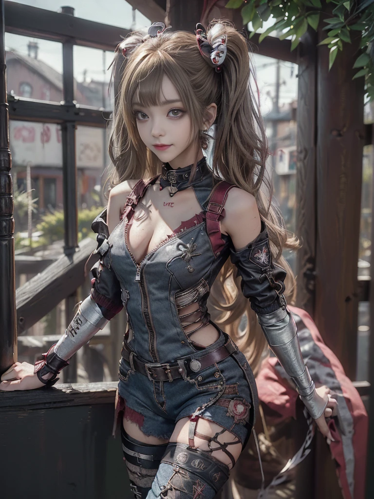(Full body:1.4)、(Full Body View:1.4)、(Side view:1.1)、(Smiling with teeth showing:1.3),(Shibuya Gal:1.5)、(Beautiful:1.5)、(Punk RockVisual Kei:1.4)、(Burgundy denim with khaki and brown medieval tattered zip up:1.5)、(Wine red arm covers and tattered bugle pants:1.5)、(Wine red high heels:1.3)、(Wearing silver accessories:1.5)、(Dark brown collar:1.4)、(Leather garter belt:1.4)、(Red skin belt:1.3)、(Red lace underwear:1.5)、30 years old、NSFW、((Highest quality、In 8K、masterpiece:1.3))、Sharp focus:1.2、(Layered Cut、Huge boobs:1.1),Beautiful woman with perfect figure:1.4、(Doing an aerobics pose:1.3)、Slender Abs:1.2、Highly detailed face and skin texture、Detailed eyes、double eyelid,(Twin tails:1.3)、(Brown-golden hair:1.3)、Gravure idol、(A fairytale-like cafe with a lush tree background:1.3)、(Slim body:1.3),(Make your legs thinner:1.4),(Thin, thin thighs:1.3)、(clavicle:1.1)