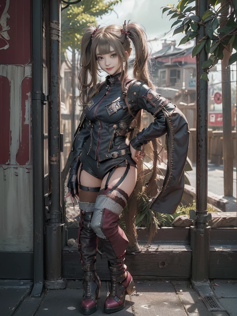 (Full body:1.4)、(Full Body View:1.4)、(Side view:1.1)、(Smiling with teeth showing:1.3),(Shibuya Gal:1.5)、(Beautiful:1.5)、(Punk RockVisual Kei:1.4)、(Burgundy denim with khaki and brown medieval tattered zip up:1.5)、(Wine red arm covers and tattered bugle pants:1.5)、(Wine red high heels:1.3)、(Wearing silver accessories:1.5)、(Dark brown collar:1.4)、(Leather garter belt:1.4)、(Red skin belt:1.3)、(Red lace underwear:1.5)、30 years old、NSFW、((Highest quality、In 8K、masterpiece:1.3))、Sharp focus:1.2、(Layered Cut、Huge boobs:1.1),Beautiful woman with perfect figure:1.4、(Doing an aerobics pose:1.3)、Slender Abs:1.2、Highly detailed face and skin texture、Detailed eyes、double eyelid,(Twin tails:1.3)、(Brown-golden hair:1.3)、Gravure idol、(A fairytale-like cafe with a lush tree background:1.3)、(Slim body:1.3),(Make your legs thinner:1.4),(Thin, thin thighs:1.3)、(clavicle:1.1)