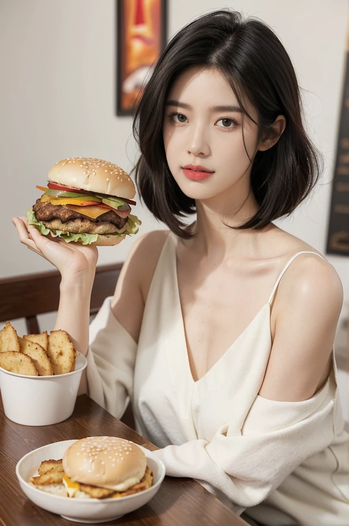 (((best quality))),(((ultra detailed))),(((masterpiece))),illustration,((1girl,solo)),(straight black bob hair:1.2),((slim,thin)),((small breasts,flat chest)),sitting,(in KFC:1.3), (burgers on the table:1.3),((white collared shirt, white strap tank top, white pants)), clean, fresh, bright face, sparkling eyes, rosy cheeks, beautiful smile, white teeth, neatly combed hair,soft hair, white shirt, V-neck, collarbone, sexiness,visible, natural, carefree, high-waisted, slender waist, taller, bustling restaurant, other customers, enjoying meals, chatting, bright lighting, warm atmosphere, joy, relaxation, cute appearance, carefree attitude, visually appealing, heartwarming