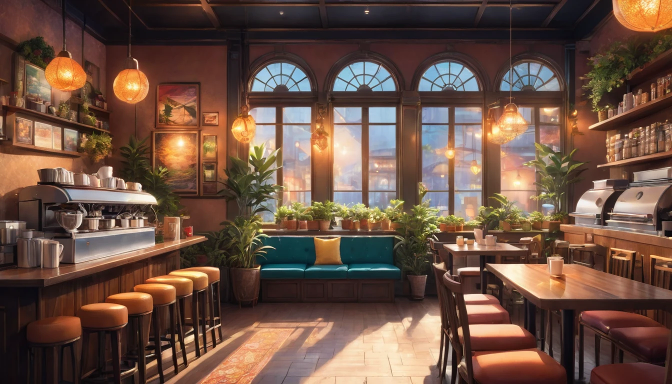 Anime-style, the interior of a coffee shop is illustrated with intricate details and vibrant colors. Delicate steam rises from the hot cappuccino coffee on the table, seats are with soft and colorful cushions, a lot of potted plants, adding to the cozy and inviting atmosphere. Soft lighting casts a warm and beautiful glow over the dreamy scene, it's evening time, making it an ideal place to unwind and escape reality. (Prompt B and C) Anime-style coffee shop interior, hot coffee steaming on the table, creating a cozy, beautiful and dreamy ambiance. (High resolution, 8k) Super detailed anime illustration of a coffee shop interior, showcasing a hot cup of coffee on a table, evoking a warm and cozy midnight