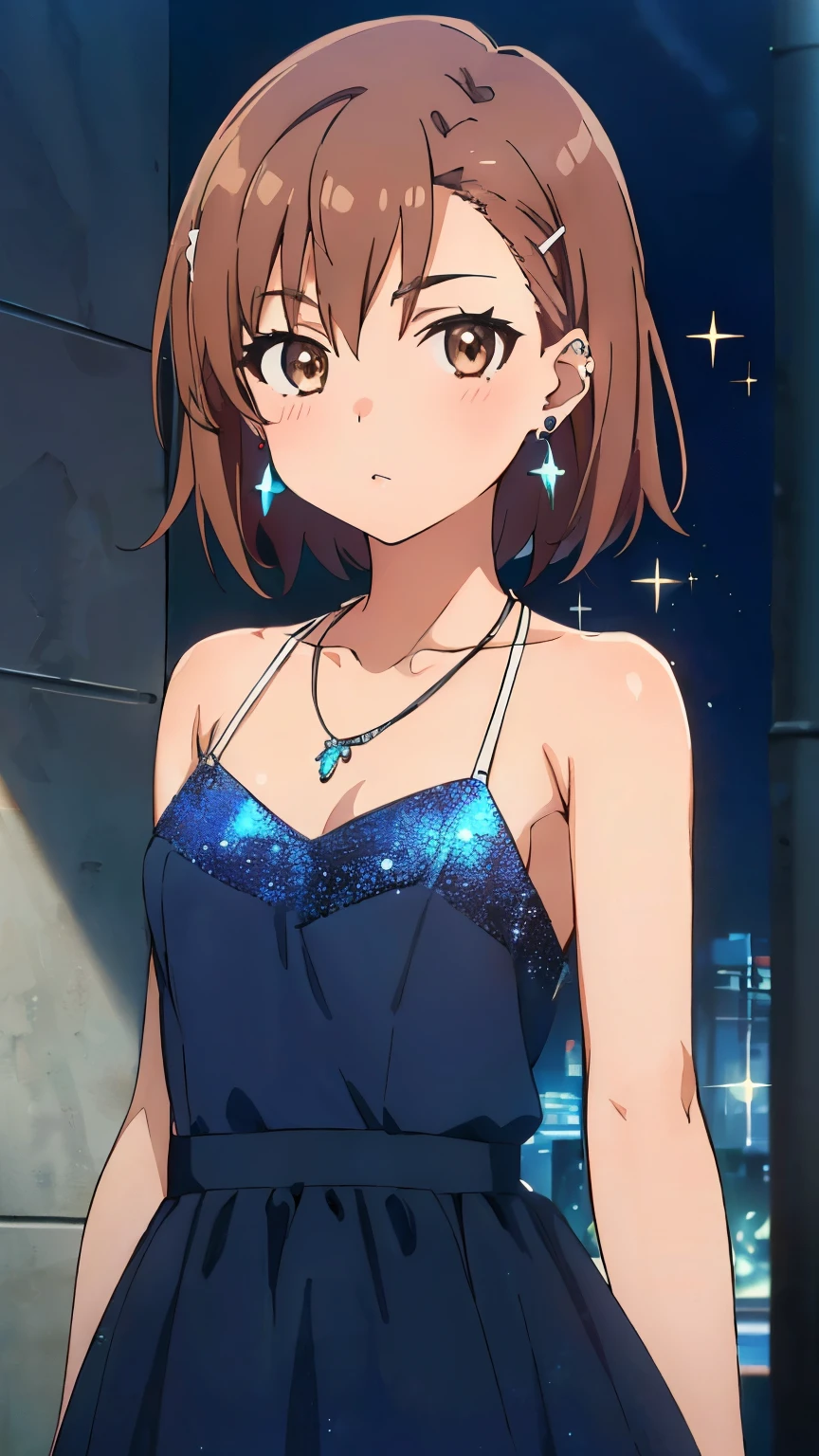 (masterpiece, best quality, 8k:1.2),Very detailed, (anime:1.1), misaka_mikoto, brown hair, short hair, hairpin, small medium breasts, 1girl, (Collarbone, Necklace, Earrings, Sparkly Party Dress, Ruffles, Earrings, Venue), Cowboy shot, looking at viewer,