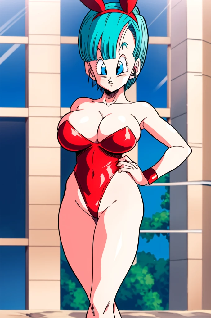 ultra detailed, masterpiece, best quality, solo, soft smile, light smile, Bulma, Dragon Ball,
1girl, blue eyes, aqua hair, short hair, sexy bunny costume, playboy, big breast, big ass, neck red moño,  confused face expresion, sin imperfecciones, dibujo perfecto,