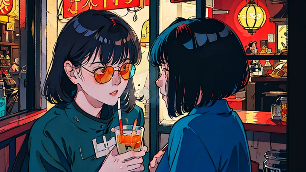 (masterpiece, Highest quality, Exquisite detail), An angle that captures the whole body, girl, alone, cool, Delicate face, The stylish, dimly lit interior of the bar，City of night, Holding a cigarette，Gazing into the distance, Wearing sunglasses
