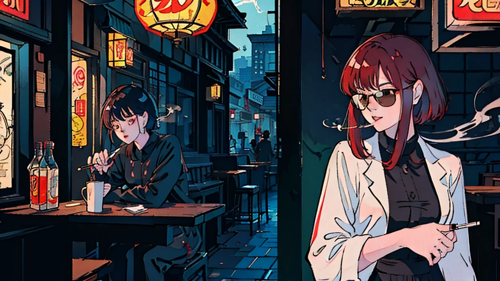 Beautiful redhead Asian girl sitting alone in a restaurant at night, visible from the window, perfect face, sunglasses, Smoke a cigarette, neon black, (backlight: 1.1), solid shadow, masterpiece, best quality, complicated, model shooting style, vintage, film grain,Hold a cigarette,cigarette