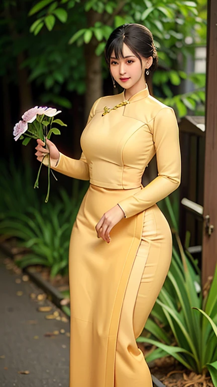 a beautiful girl in vintage colors aodai , masterpiece, best quality, realistic:1.3, street, holding bundle of flowers, yellow dress, sunlight, backlighting, artstation, intricate details, vignettThe owner of an attractive body outline and high hips3d 4k