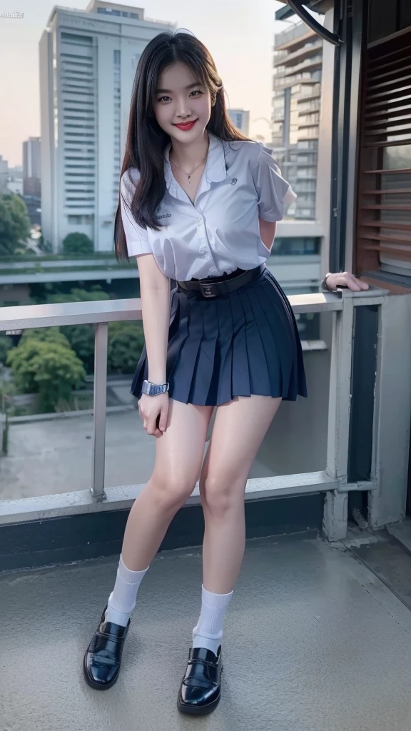 highest resolution, 8ก, high definition, (((long hair))), (( Thai students, half-caste, Thai-Japanese-Korean, Age 18-25 years, Height 173 centimeters)), (((stand, walk))) , (((Beautiful face, แต่งBeautiful face, Double eyelids, red lips, smile at the corner of your mouth., beautiful eyes))), ((beautiful woman, Real picture)), ((short sleeve, เสื้อเชิ้ตสีขาวthin ๆ, collar shirt)), ((Name embroidered in blue letters on the right chest of the shirt..., have a name "Porn video" Rungruangpiwatsakul")), ((สัญลักษณ์โลโก้schoolที่อกซ้าย)), ((Dark blue long pleated skirt..., Cover the whole leg)), ((blue skirt, มีbeltผู้หญิง)), ((big breasts, breast augmentation)), ((Symmetrical shape, sexy body)), ((thin, small waist)), ((black elementary school shoes, white short socks)), ((Wear a watch, belt)), (((full body, Look at every part of the body..))), ((background, balcony, building, school, building))