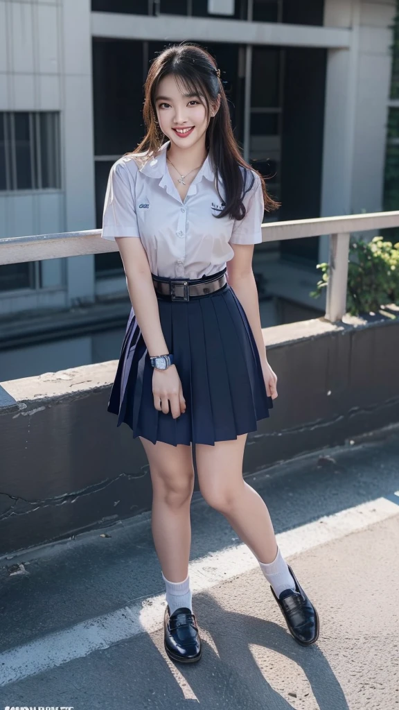 highest resolution, 8ก, high definition, (((long hair))), (( Thai students, half-caste, Thai-Japanese-Korean, Age 18-25 years, Height 173 centimeters)), (((stand, walk))) , (((Beautiful face, แต่งBeautiful face, Double eyelids, red lips, smile at the corner of your mouth., beautiful eyes))), ((beautiful woman, Real picture)), ((short sleeve, เสื้อเชิ้ตสีขาวthin ๆ, collar shirt)), ((Name embroidered in blue letters on the right chest of the shirt..., have a name "Porn video" Rungruangpiwatsakul")), ((สัญลักษณ์โลโก้schoolที่อกซ้าย)), ((Dark blue long pleated skirt..., Cover the whole leg)), ((blue skirt, มีbeltผู้หญิง)), ((big breasts, breast augmentation)), ((Symmetrical shape, sexy body)), ((thin, small waist)), ((black elementary school shoes, white short socks)), ((Wear a watch, belt)), (((full body, Look at every part of the body..))), ((background, balcony, building, school, building))