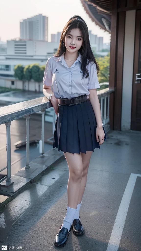 highest resolution, 8ก, high definition, (((long hair))), (( Thai students, half-caste, Thai-Japanese-Korean, Age 18-25 years, Height 173 centimeters)), (((stand, walk))) , (((Beautiful face, แต่งBeautiful face, Double eyelids, red lips, smile at the corner of your mouth., beautiful eyes))), ((beautiful woman, Real picture)), ((short sleeve, เสื้อเชิ้ตสีขาวthin ๆ, collar shirt)), ((Name embroidered in blue letters on the right chest of the shirt..., have a name "Porn video" Rungruangpiwatsakul")), ((สัญลักษณ์โลโก้schoolที่อกซ้าย)), ((Dark blue long pleated skirt..., Cover the whole leg)), ((blue skirt, มีbeltผู้หญิง)), ((big breasts, breast augmentation)), ((Symmetrical shape, sexy body)), ((thin, small waist)), ((black elementary school shoes, white short socks)), ((Wear a watch, belt)), (((full body, Look at every part of the body..))), ((background, balcony, building, school, building))