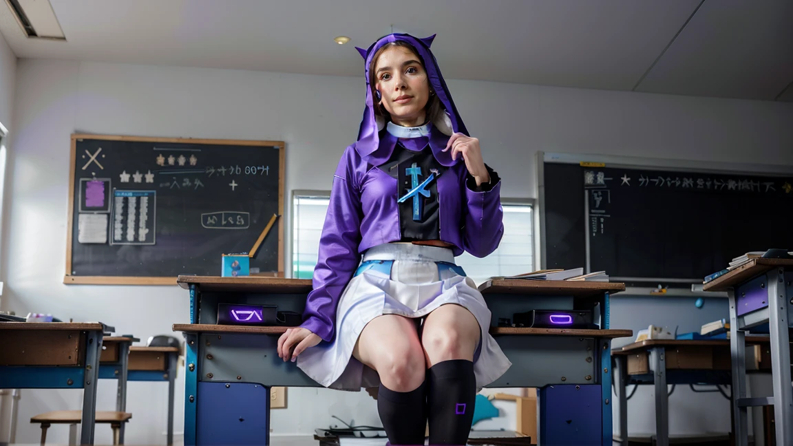 a beautiful woman, white hair with blue highlights, (((Full body))), Egirl makeup, ((White Hair with Blue Highlights)), hair accessories, shorth hair, cute face, face detailed, blue eyes, (((micro skirt))), (((Full Body, perfect hand, perfect face))), (((classroom, sitting))), cyberpunk, sitting, White hair, beautiful outfit, (((Purple, cyberpunk)))), animal ears, perfect face, Glowing Purple, GlowingRunes_purple, (((nun)))