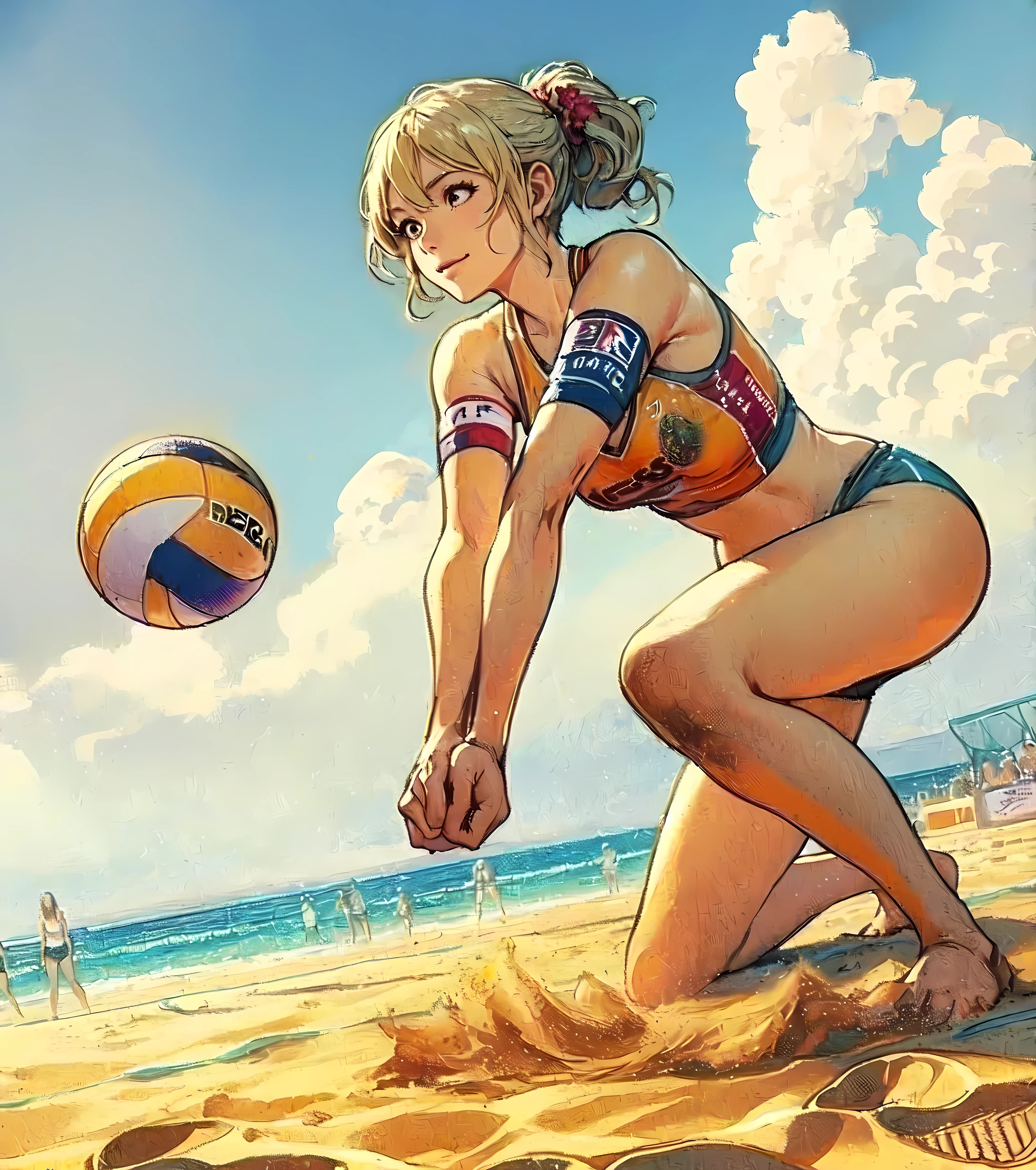 1lady solo, (jumping high) (right next to net), (looking up at ball), (swinging one arm to hit ball) spiking, (dynamic posing), (beach volleyball player), (uniform with company logo) cropped top, (mature female:0.8), /(black hair/) bangs, light smile, (teeth:0.8), (masterpiece best quality:1.2) delicate illustration ultra-detailed, medium breasts, (muscle:0.6) BREAK (sandy beach) outdoors, (beach volleyball court), (player's footprints), flying sand, blue sky, detailed background