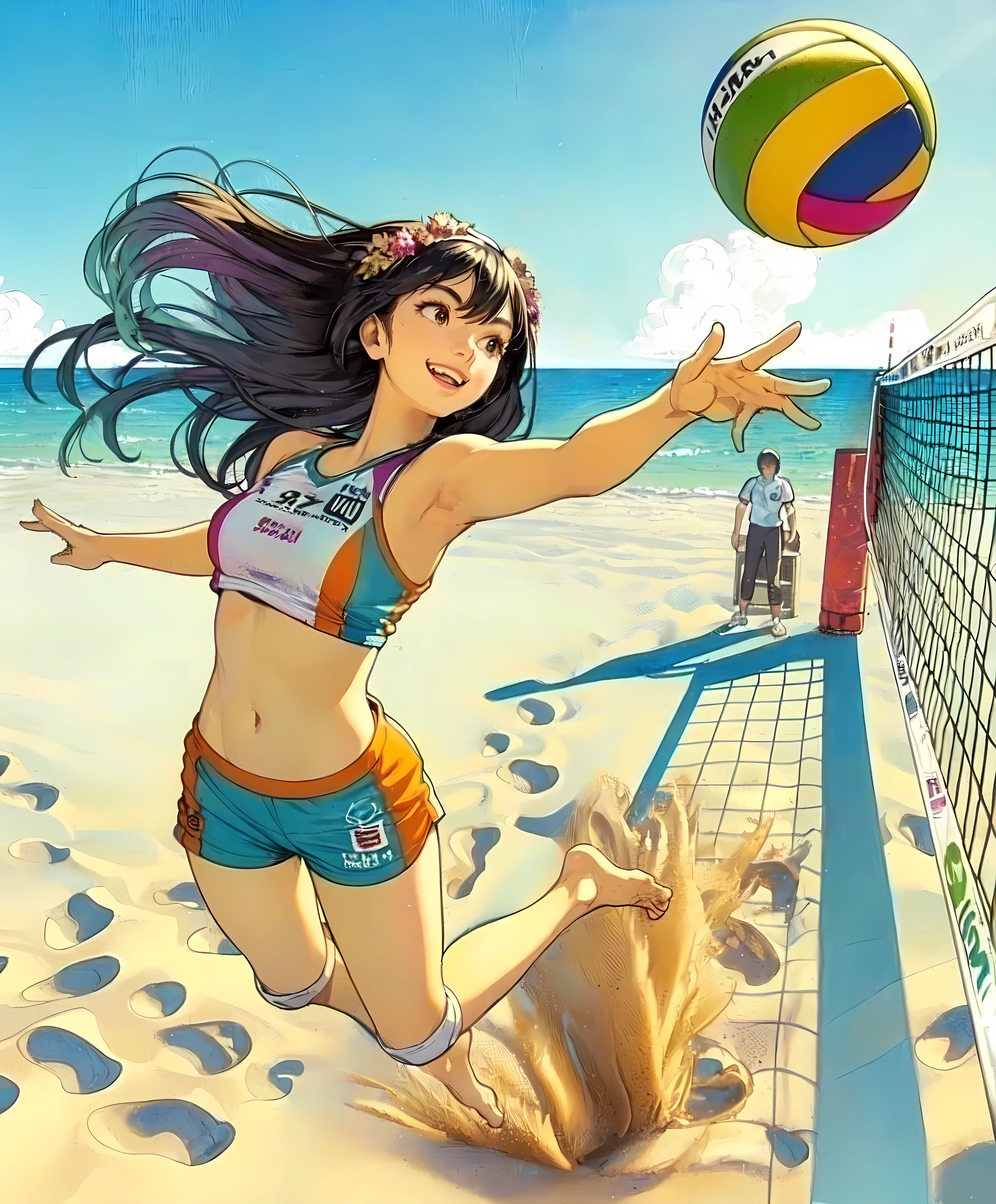 1lady solo, (jumping high) (right next to net), (looking up at ball), (swinging one arm to hit ball) spiking, (dynamic posing), (beach volleyball player), (uniform with company logo) cropped top, (mature female:0.8), /(black hair/) bangs, light smile, (teeth:0.8), (masterpiece best quality:1.2) delicate illustration ultra-detailed, medium breasts, (muscle:0.6) BREAK (sandy beach) outdoors, (beach volleyball court), (player's footprints), flying sand, blue sky, detailed background