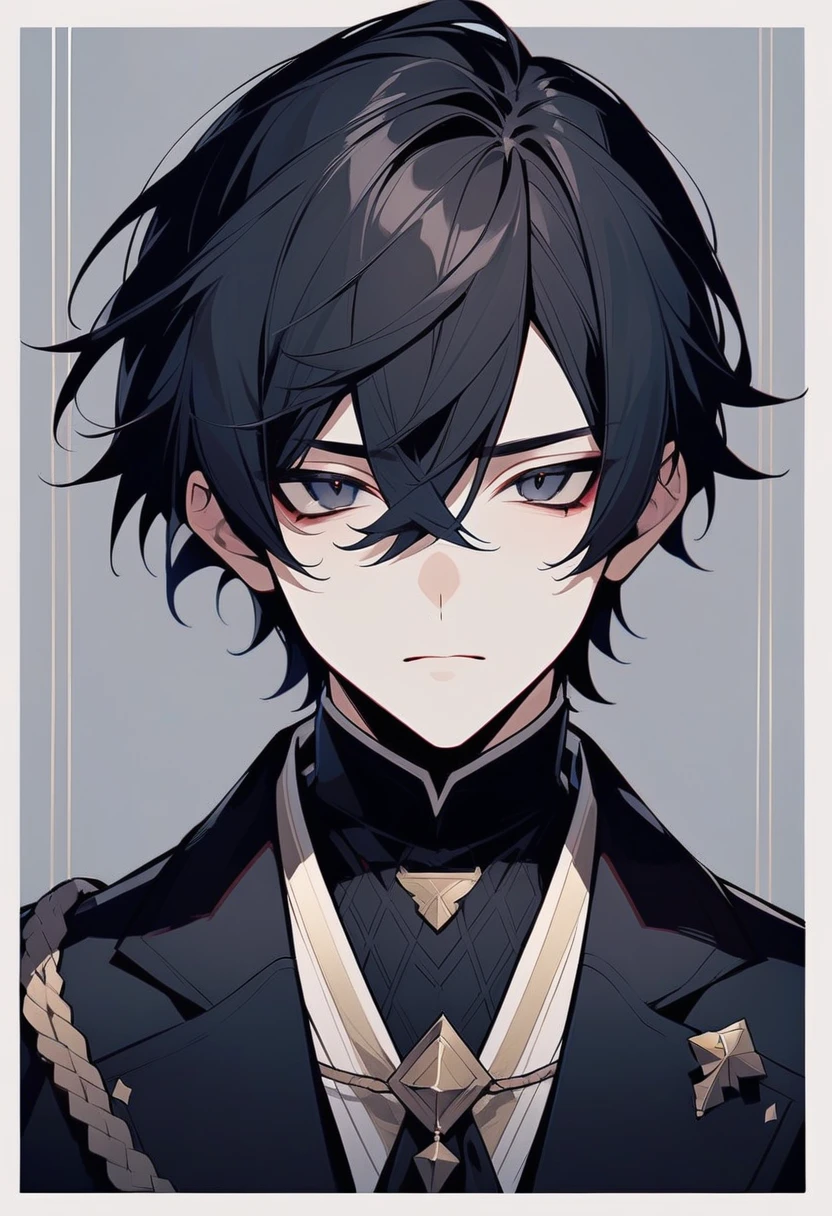 [1 man,half body,look at the viewer,Make a sad face,Emotionless,black hair,dark eyes,