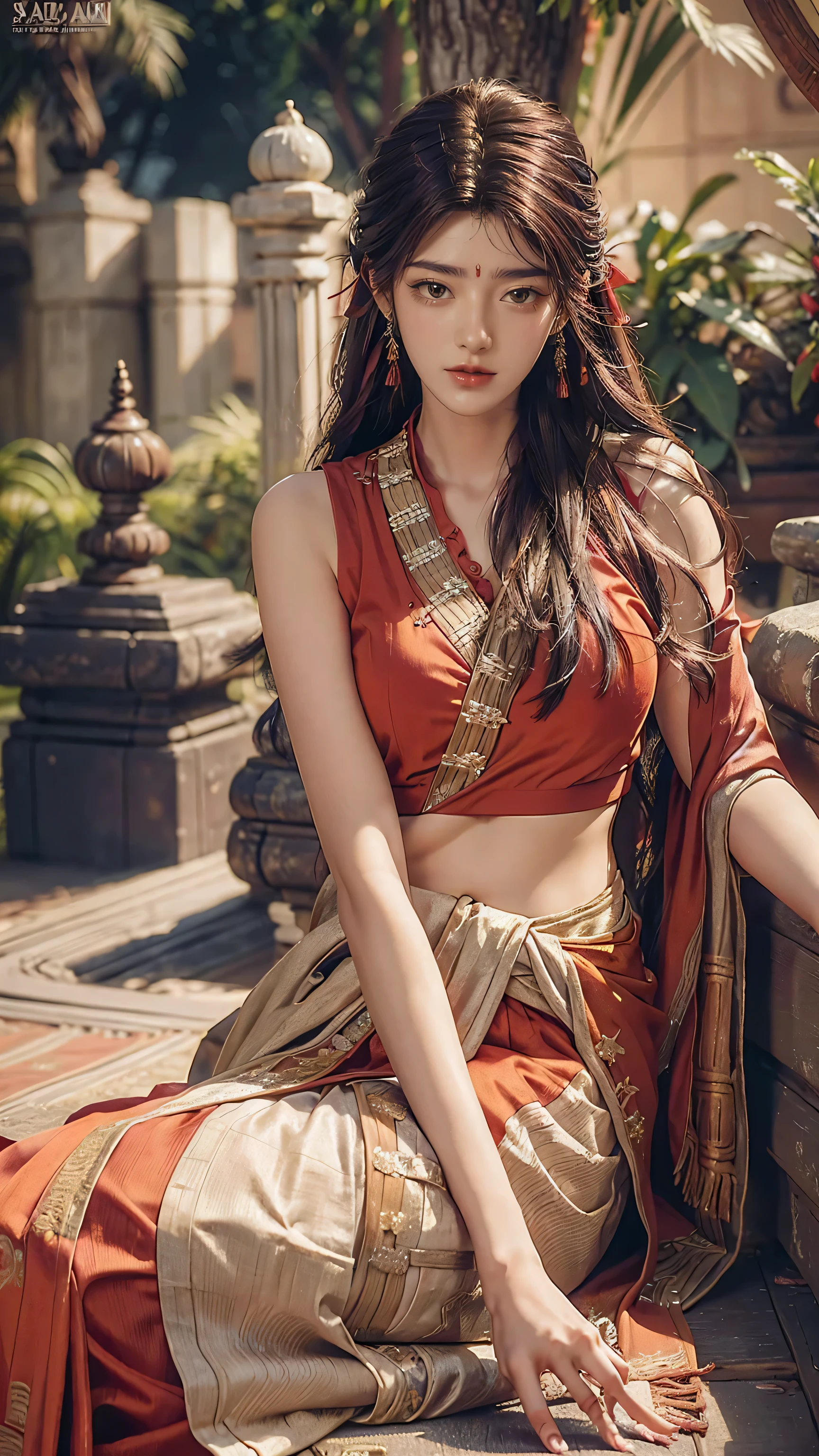 upper half body of (A hyper-realistic), (illustration), (high resolution), (8K), (highly detailed), (The best illustration of beautiful detailed image), (top-quality), (ultra-detailed), (​masterpiece), (beautiful attractive face), long hair, Earrings with bangs, ((20 year old Indian beautiful girl)) , (((wearing red Indian silk traditional sari ))) , (((Glamorous body))) ,sitting pose , Elegant Pose, Seduction pose, Looking at the camera, garden background