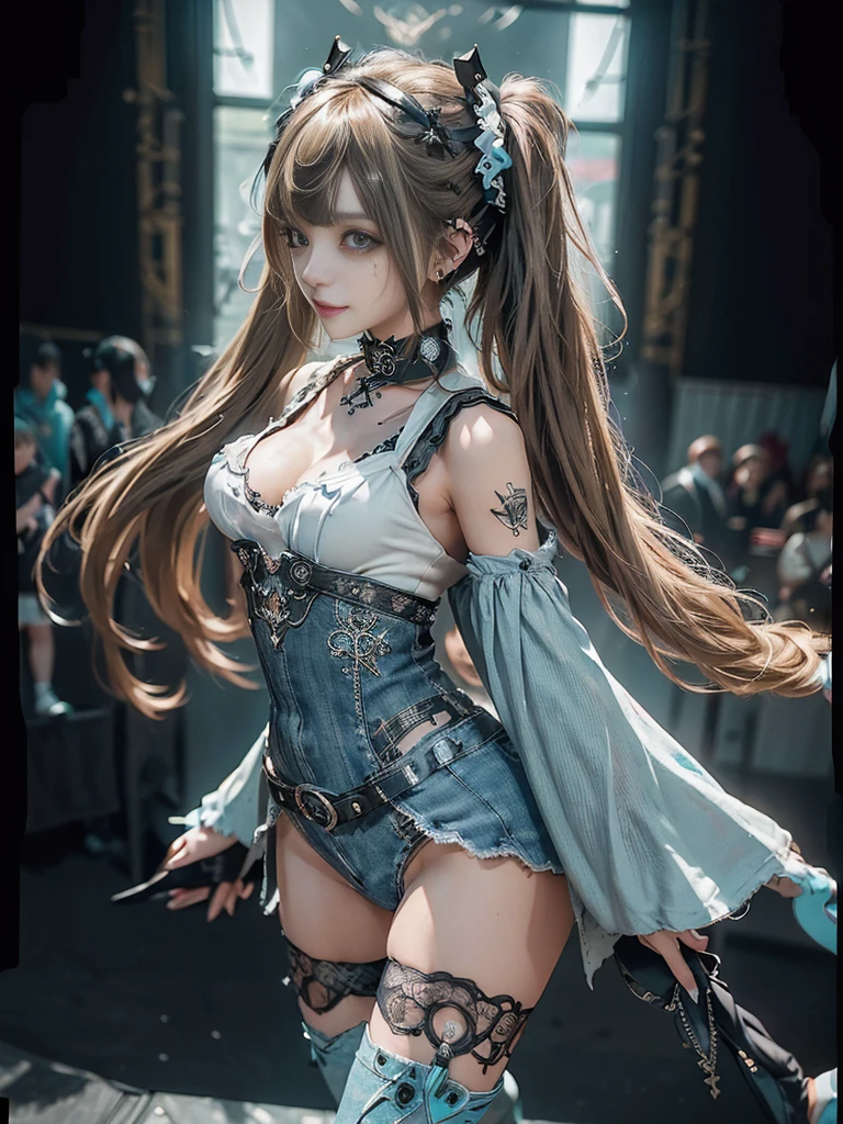 (Full Body View:1.4)、(Side view:1.2)、(Smiling with teeth showing:1.3),(Shibuya Gal:1.5)、(Gothic Lolita style fashion:1.5)、(Punk RockVisual Kei:1.5)、(Wearing a rhythmic gymnastics bodysuit with intricate details:1.4)、(Cloak de cour with delicate decorations in white, denim and turquoise:1.5)、(Denim with turquoise and white boots:1.3)、((belt))、(Numerous delicate logo marks all over the costume:1.4)、(collar:1.3)、(Striped underwear:1.5)、30 years old、NSFW、((Highest quality、In 8K、masterpiece:1.3))、Sharp focus:1.2、(Layered Cut、Beautiful boobs:1.1),Beautiful woman with perfect figure:1.4、(Sexy Gravure Pose:1.3)、Slender Abs:1.2、Highly detailed face and skin texture、Detailed eyes、double eyelid,(Twin tails:1.3)、(Brown-golden hair:1.3)、Gravure idol、(The background is the stage of the fashion show:1.3)、(Slim body:1.3),(Make your legs thinner:1.4),(clavicle:1.1)、(Thin thighs:1.2)