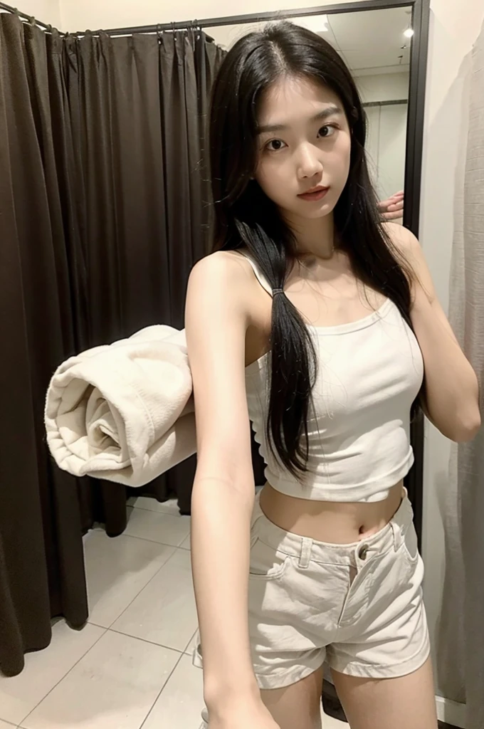 Selfie photos,Mobile phone mirror selfie,indoor,Inside the room,A beautiful beautiful Asian woman,Realistic fair skin color,156 cm,46KG,34C cupz Her mid-length hair is loose and lazy around her shoulders,Wearing a close-fitting white low-cut short-sleeved top,black shorts:1.2,