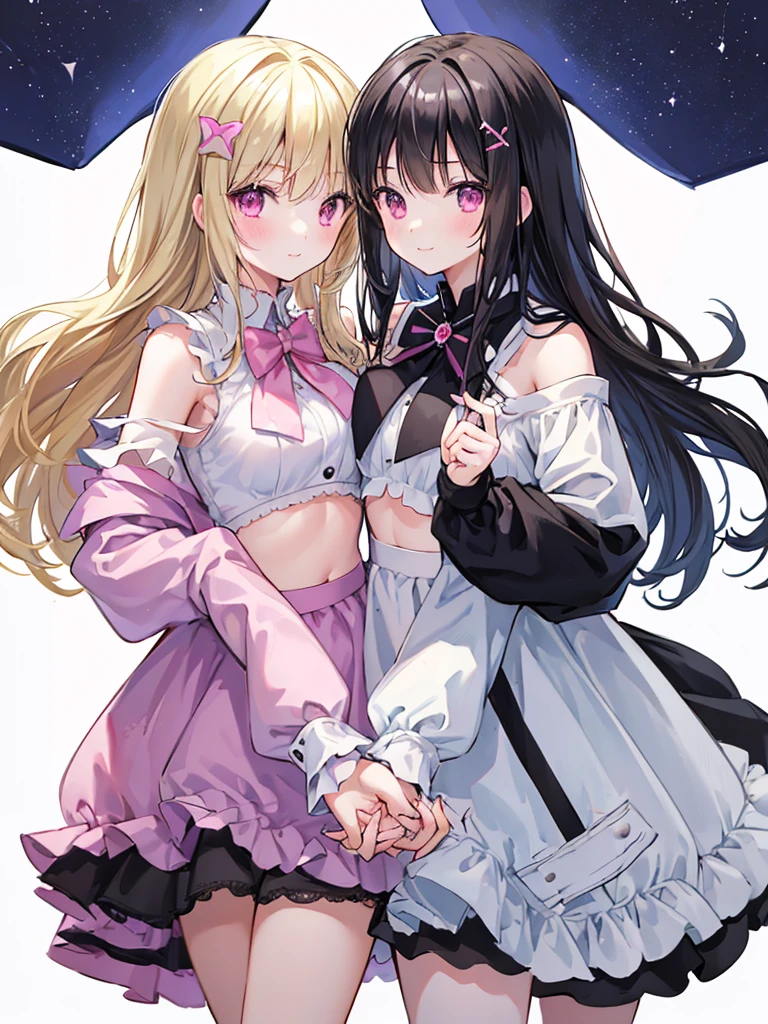 best quality, super fine, 16k, extremely detailed, delicate and dynamic, cute woman, baby face,black hair, pink eyes, A detailed eye, source_anime, high detail, hair ornament, small breasts,light blue bra, light blue panties, Two-side-up,smile、Young features, looking at viewer, (white background:1.3),long-sleeve,fluffy sleeves, fluffy hair、Elementary school girls, Put your hand on your face, hair clips、Black Stockings,standing, underwear,(Mixed wrestling:1.3),teenage girl、belly button、skirt、cute、beautiful illustrations, highest quality, pretty girl,beautiful girl、clear face、 half girl、pastel colour ,blonde、black hair、smile、blush、にこやかなsmile、thighs、(two girls:1.1)、perfect hands、five fingereet、facing each other、(Two girls are attacking us:1.1)
