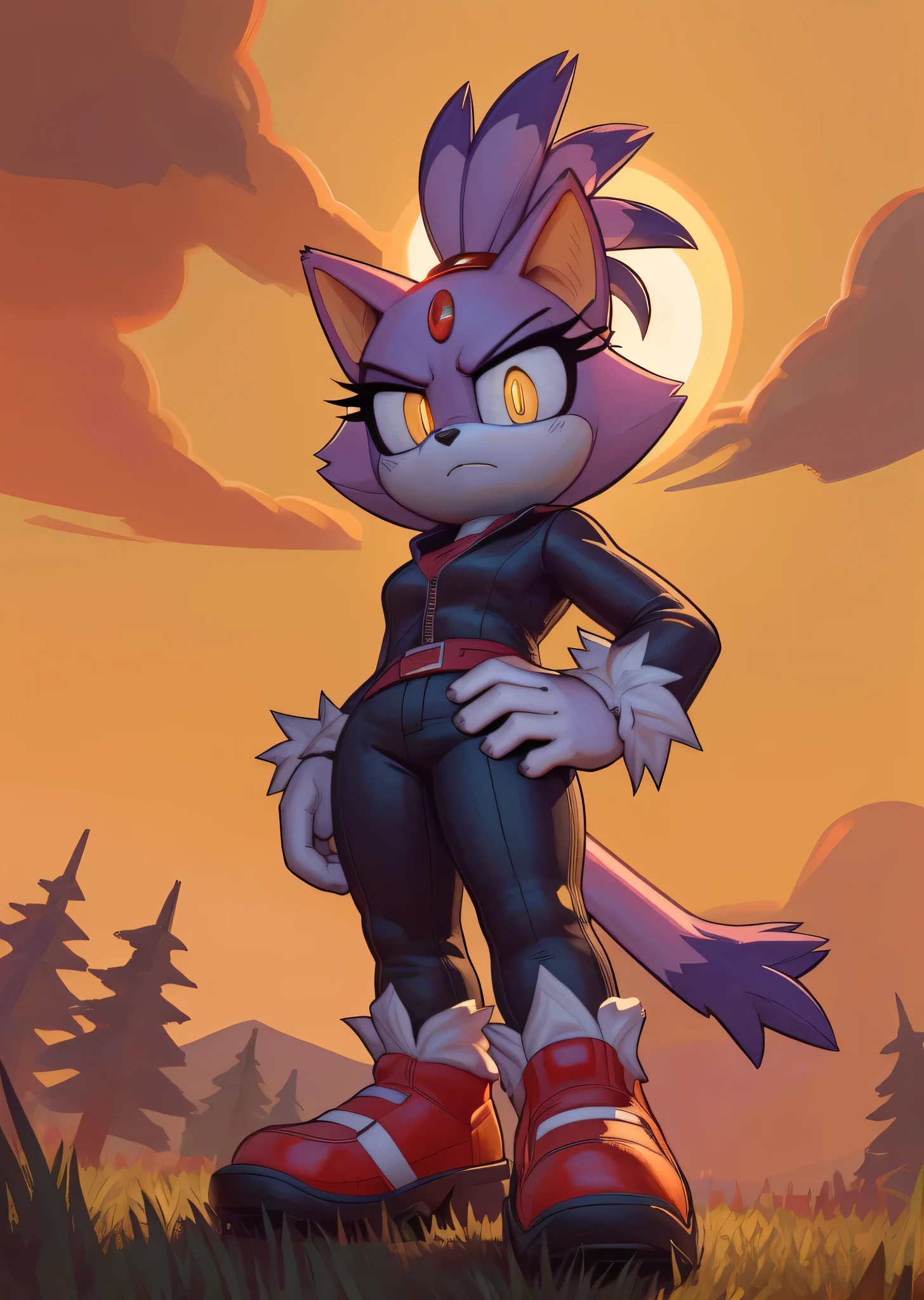 [Blaze the cat], [Uploaded to e621.net; (Pixelsketcher), (wamudraws)], ((masterpiece)), ((HD)), ((High res)), ((solo portrait)), ((front view)), ((lower-angle view)), ((low angle view)), ((feet visible)), ((detailed fur)), ((detailed shading)), ((cel shading)), ((beautiful render art)), ((intricate details)), {anthro, purple fur, black nose, cat ears, (cute yellow eyes), (glowing eyes), (red gem on forehead), long tail, (tied-up hair), (curvy hips), (beautiful legs), (angry), (intimidating expression)}, {tight pants}, {(standing), (hand on hip), (glaring at viewer)}, [background; (woods), (spruce trees), (grass plains), (street lights), (sunrise), (sun rays), (starry sky), (ambient lighting)]