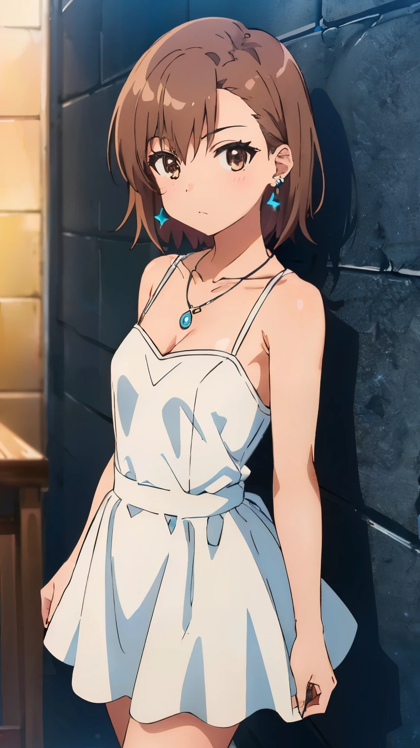 (masterpiece, best quality, 8k:1.2),Very detailed, (anime:1.1), misaka_mikoto, brown hair, short hair, hairpin, small medium breasts, 1girl, (Collarbone, Necklace, Earrings, Sparkly Dress,  Party Dress, Ruffles, Earrings, Venue), Cowboy shot, looking at viewer,