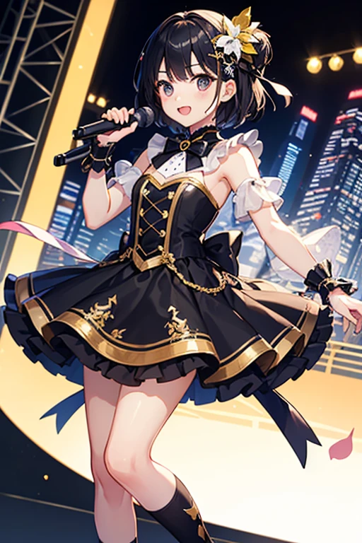 Highest quality、Black Hair、Iris、short hair、girl、cute、、、Small hair ornament、1 person、Idol Costumes、フリフリなIdol Costumes、With a microphone in his left hand、Right hand raised up