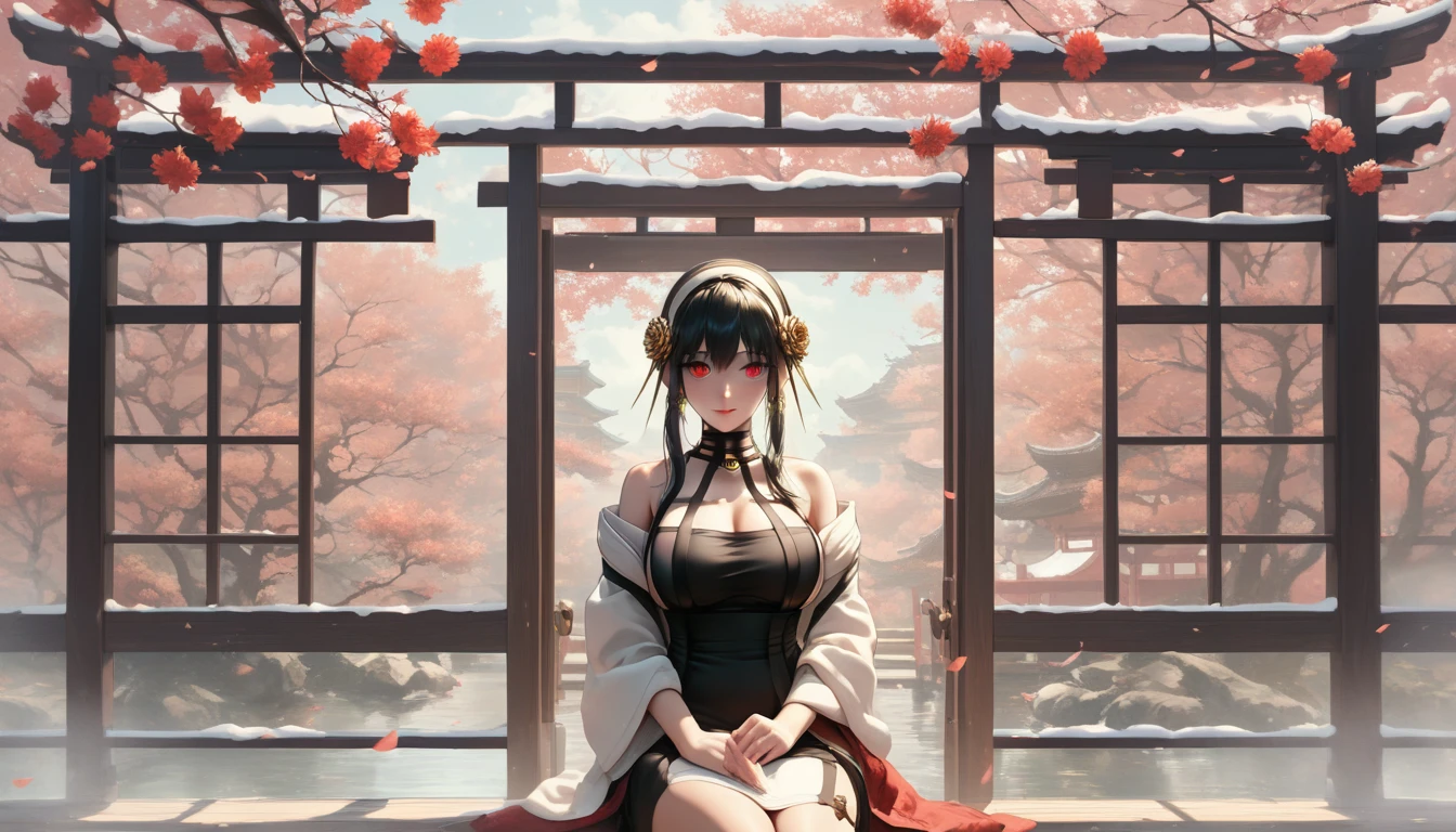 score_9, score_8_up, score_7_up, score_6_up, uncensored, yor briar, black hair, sidelock, white hairband, red eyes, BREAK (masterpiece:1.2), best quality, high resolution, (detailed eyes:1.3), perfect lighting, (perfect hands, perfect anatomy), large breasts, One beautiful woman, kimono, bare shoulder, obi, Sitting, facing viewer, tori, blossoms, autumn, fog, hand support,
