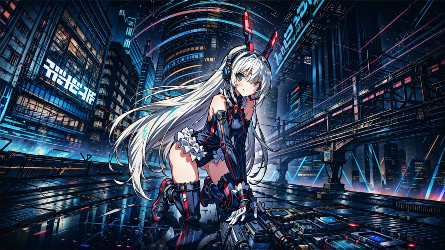 finest masterpiece, Super detailed, Highest quality, Sharp focus, 12k, ultra hi resolution picture, big ,12k,Perfect Anatomy, Highest quality, Marie Rose,Wicked Smile,Provocative attitude
,,evil Smile,Anime Style,(Frilled swimsuit, Knee socks, Removed sleeve), (Anime Style:1.4) ,
,(White fingers:1.1,Black gloves),
Hollow Eyes,,One Girl、(cyber punk:1.4),,(Very long hair:1.6),(whole body:1.3),
Silver Hair,(Full Face Headgear:1.6),Are standing,Neon Light,From the side,Dynamic Na-Angle