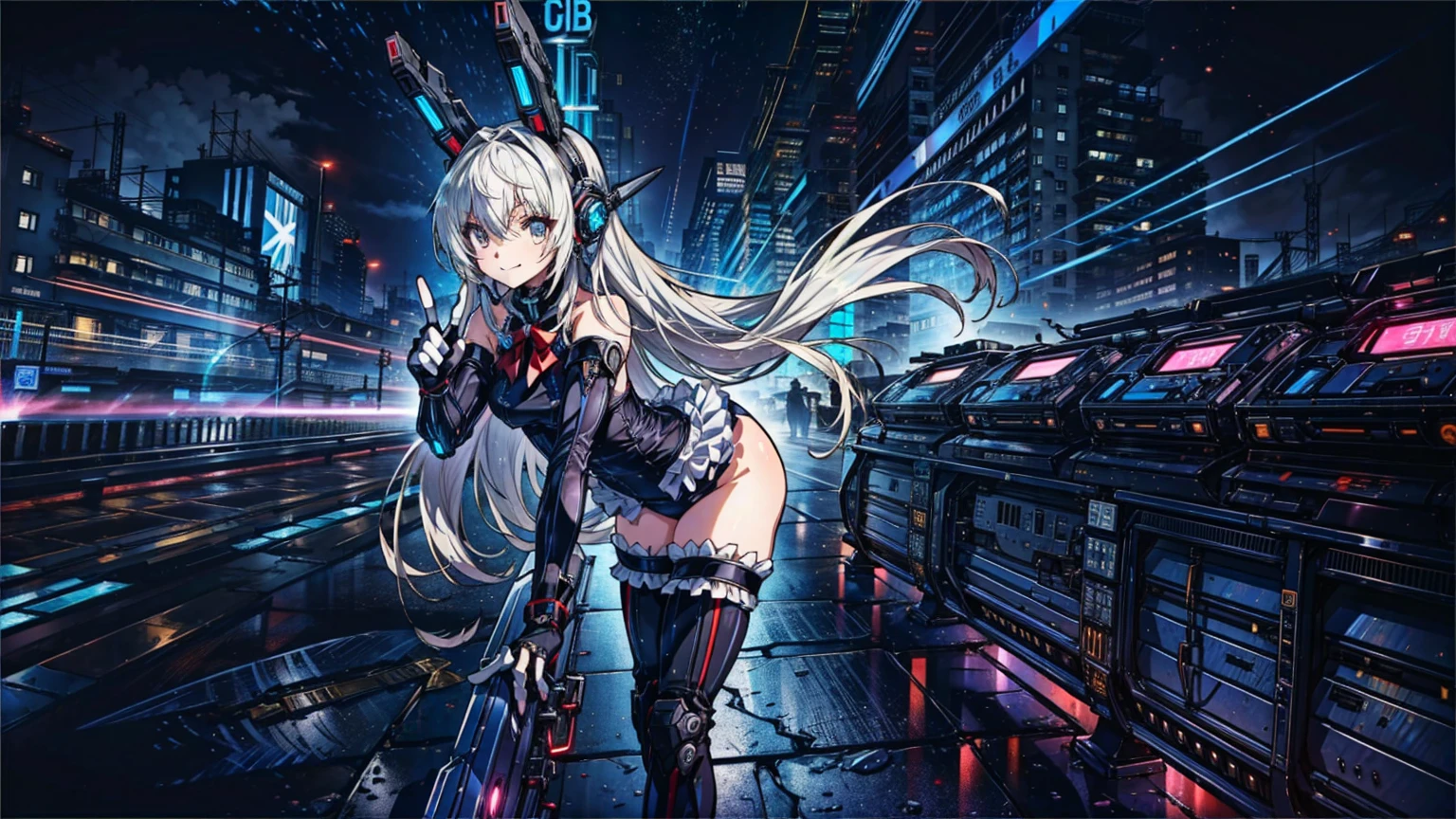 finest masterpiece, Super detailed, Highest quality, Sharp focus, 12k, ultra hi resolution picture, big ,12k,Perfect Anatomy, Highest quality, Marie Rose,Wicked Smile,Provocative attitude
,,evil Smile,Anime Style,(Frilled swimsuit, Knee socks, Removed sleeve), (Anime Style:1.4) ,
,(White fingers:1.1,Black gloves),
Hollow Eyes,,One Girl、(cyber punk:1.4),,(Very long hair:1.6),(whole body:1.3),
Silver Hair,(Full Face Headgear:1.6),Are standing,Neon Light,From the side,Dynamic Na-Angle