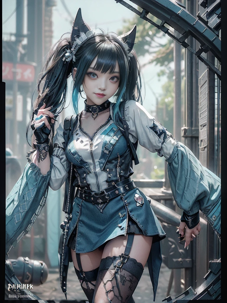(Full body view:1.4)、(Full Body View:1.3)、(Side view:1.1)、(Smiling with teeth showing:1.3),(Shibuya Gal:1.5)、(Maid café clerk:1.5)、(Punk RockVisual Kei:1.4)、(Turquoise, navy and denim medieval noble zip up:1.5)、(Navy and white arm covers and micro mini skirt:1.5)、(Blue high heels:1.3)、(Wearing silver accessories:1.5)、(Dark brown collar:1.4)、(Leather garter belt:1.4)、(Brown Skin Belt:1.3)、(Black lace underwear:1.5)、30 years old、NSFW、((Highest quality、In 8K、masterpiece:1.3))、Sharp focus:1.2、(Layered Cut、Huge boobs:1.1),Beautiful woman with perfect figure:1.4、(Doing an aerobics pose:1.3)、Slender Abs:1.2、Highly detailed face and skin texture、Detailed eyes、double eyelid,(Twin tails:1.3)、(Black Hair:1.3)、Gravure idol、(A fairytale-like cafe with a lush tree background:1.3)、(Slim body:1.3),(Make your legs thinner:1.4),(Thin, thin thighs:1.3)、(clavicle:1.1)