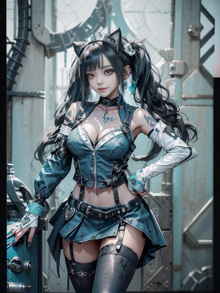 (Full body view:1.4)、(Full Body View:1.3)、(Side view:1.1)、(Smiling with teeth showing:1.3),(Shibuya Gal:1.5)、(Maid café clerk:1.5)、(Punk RockVisual Kei:1.4)、(Turquoise, navy and denim medieval noble zip up:1.5)、(Navy and white arm covers and micro mini skirt:1.5)、(Blue high heels:1.3)、(Wearing silver accessories:1.5)、(Dark brown collar:1.4)、(Leather garter belt:1.4)、(Brown Skin Belt:1.3)、(Black lace underwear:1.5)、30 years old、NSFW、((Highest quality、In 8K、masterpiece:1.3))、Sharp focus:1.2、(Layered Cut、Huge boobs:1.1),Beautiful woman with perfect figure:1.4、(Doing an aerobics pose:1.3)、Slender Abs:1.2、Highly detailed face and skin texture、Detailed eyes、double eyelid,(Twin tails:1.3)、(Black Hair:1.3)、Gravure idol、(A fairytale-like cafe with a lush tree background:1.3)、(Slim body:1.3),(Make your legs thinner:1.4),(Thin, thin thighs:1.3)、(clavicle:1.1)