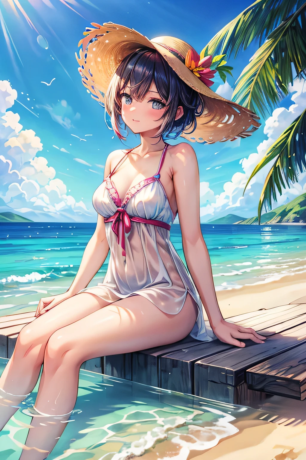 (Best lighting, Best Shadow, masterpiece, high quality), colorful, Vibrant, Summer mood, lots of bright colors, Beautiful woman in light summer clothes, Hair loss, Sit on the clear water and white sand, Bright blue sky.  masterpiece, 最high quality, high quality, High resolution, sexly, 