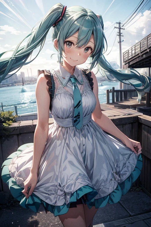 The background is Shinkai Seikaze、Hatsune Miku, a mature girl with a Minato-ku vibe, wearing a white dress、Smiling from a distance, a little sexy、From the top of the angle、A little more adult