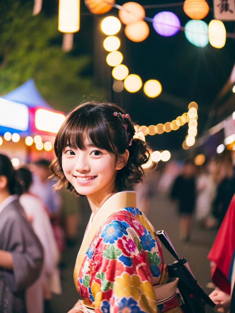 Image quality:best quality
Camera Focus: blur background
light:Side light
composition:Rule of ThirdsPeople:20 years old woman,Japanese,idol pose: walking background: stall、festival、night
hairdo: Loose perm bob、With bangs
Dress:Kimono Expression: happy