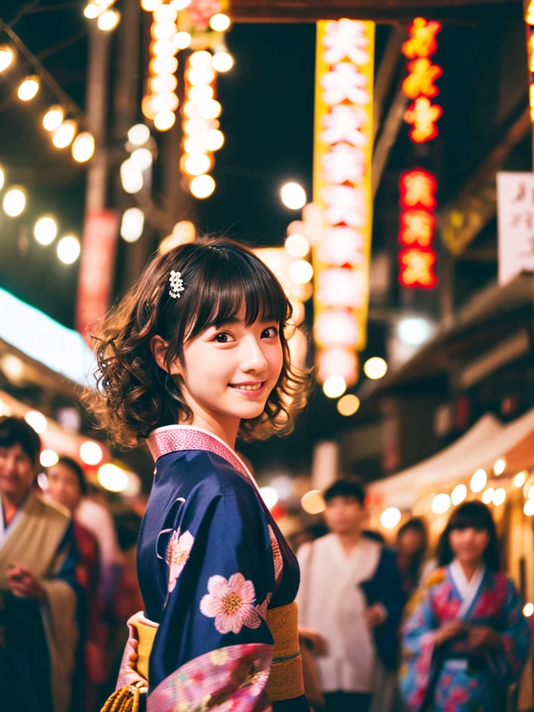 Image quality:best quality
Camera Focus: blur background
light:Side light
composition:Rule of ThirdsPeople:20 years old woman,Japanese,idol pose: walking background: stall、festival、night
hairdo: Loose perm bob、With bangs
Dress:Kimono Expression: happy