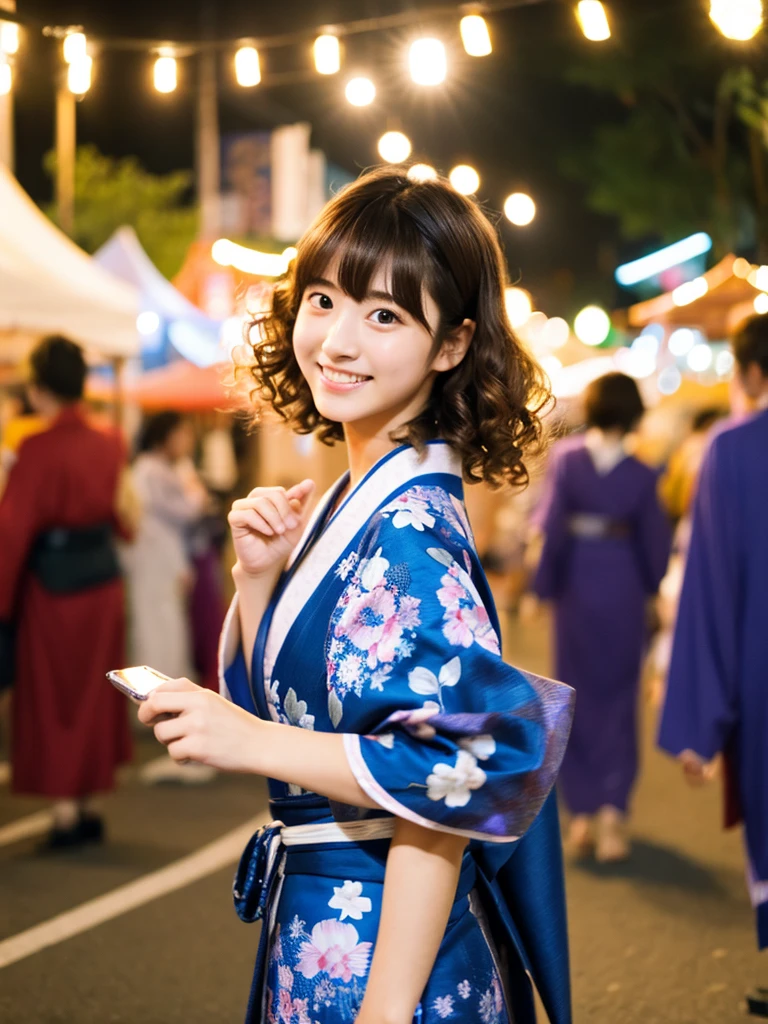 A very cute face like an idol、A young-looking 20-year-old woman、Smiling Kindly、She is wearing a cute long-sleeved Japanese yukata.、Cleavage、night、Walking through a Japanese festival、Natural light、Whole body、High level of artistry