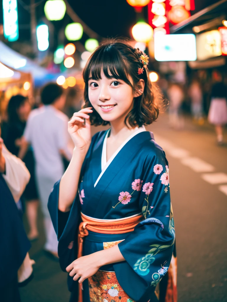 Image quality:best quality
Camera Focus: blur background
light:Side light
composition:Rule of ThirdsPeople:20 years old woman,Japanese,idol pose: walking background: stall、festival、night
hairdo: Loose perm bob、With bangs
Dress:Kimono Expression: happy