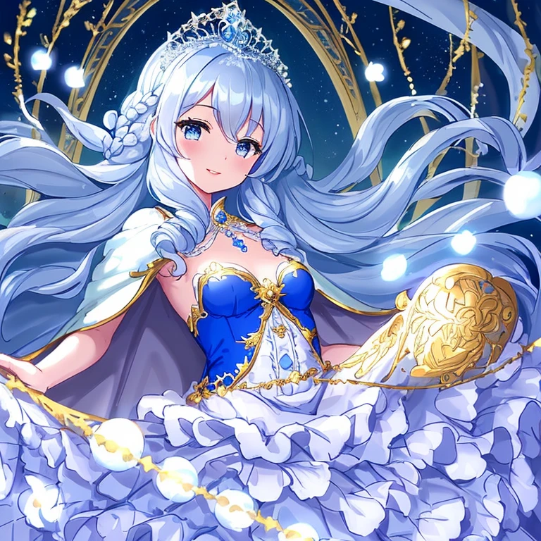 upper body,(rococo style),(long train blue cape:1.15), very long cape,(long train white ball gown with flower decorations:1.1), a girl is wearing a cape over her gown, 1 little princess, tiara, smile, very long hair, small breasts, beautiful detailed eyes, beautiful detailed lips