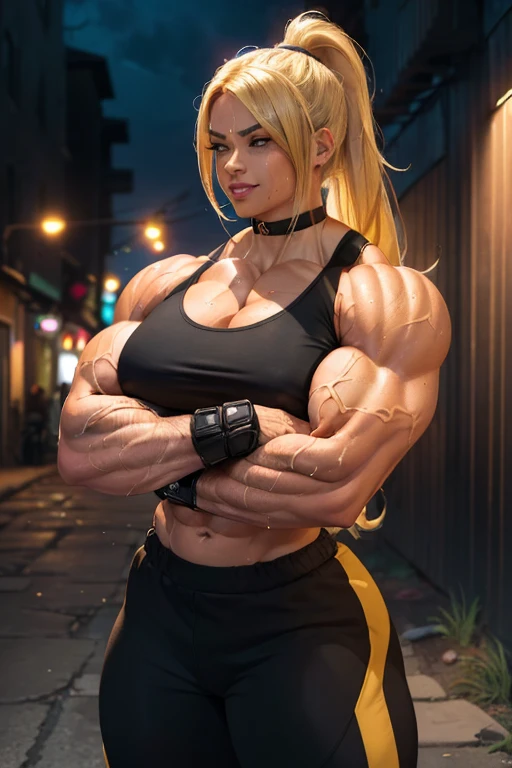 ((Massive, beautiful, buff, sweaty, light brown skinned woman with yellow hair, black lipstick, ginormous bulky muscles, crossed arms and wearing a black sports bra with jogging pants)), (close view), massive muscles, massive biceps, hyper muscle shoulders, massive muscle arms, vascular shoulders, hyper muscle triceps, long flowing hair, gray eyes, choker, sneakers, (in a gritty alley at night), (long fingerless gloves), (evil smile), hyper vascular arms, hyper muscles arms, hyper muscle legs, massive arms