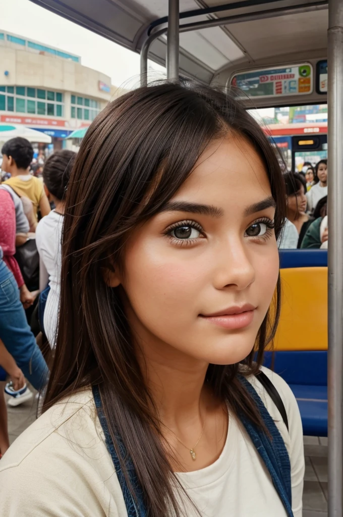 A butiful girl looking at me in a bus stand in the middle of the crowd 