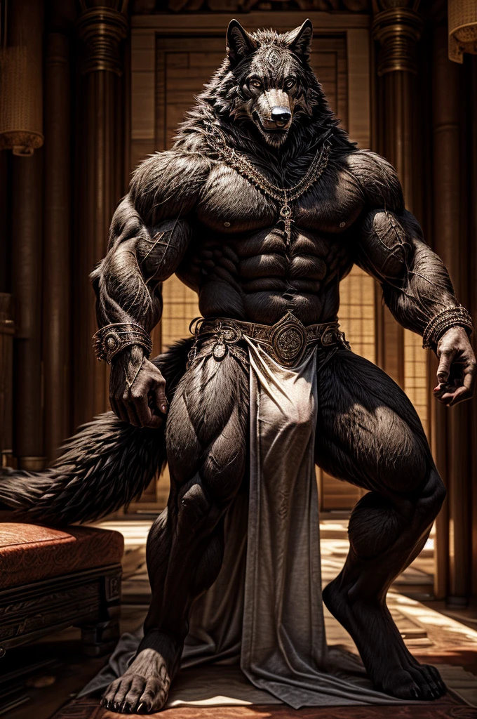 male, semen, black wolf, (furry body,) black body, high quality, realistic, muscular, massive, shrine, sacred, furry, masterpiece, (full nude, Stick out penis., Luxurious black loincloth, Luxury accessories, erection under cloth,) 