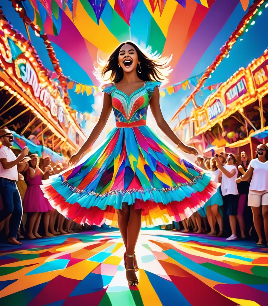 candid photo of a girl wearing a sweetop dress, dancing in a vibrant carnival setting, bathed in colorful, dynamic lighting from the festivities, shot from a slightly low angle to capture the excitement and joy, creating a whimsical and lively atmosphere. 